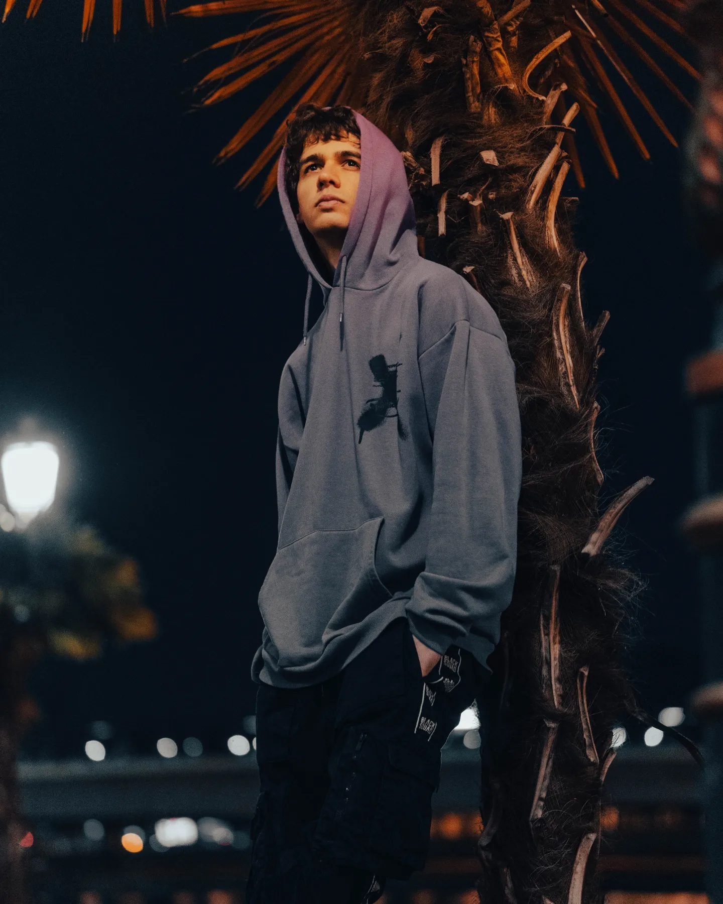 David Black in a gray hoodie beside a palm tree at night