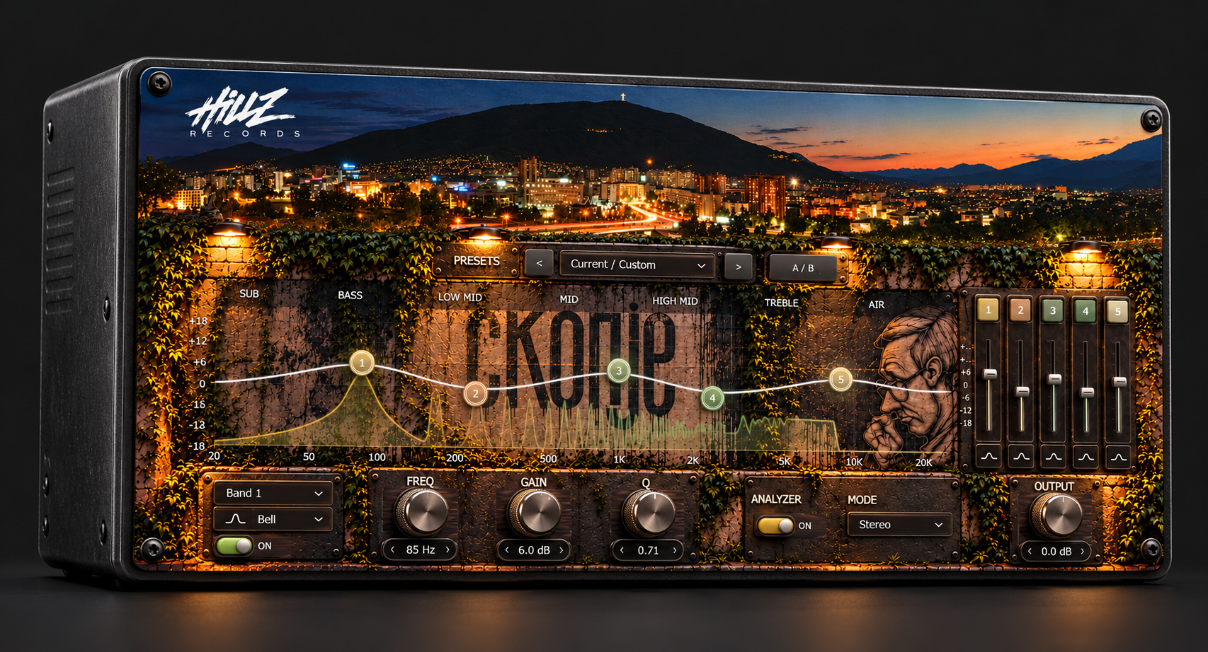 HILLZ EQ rendered as a physical audio processor with its original interface