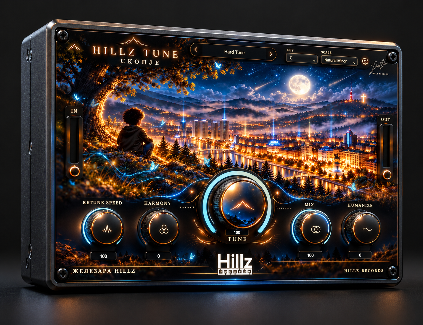 HILLZ TUNE rendered as a physical vocal processor with its original Skopje interface